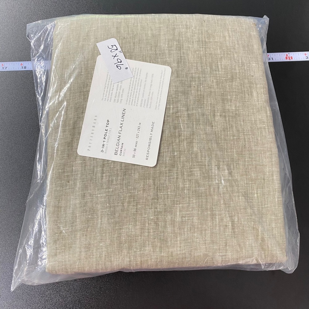 Pottery Barn Belgian Flax Linen Curtain Panel 50x96 Green Beige 3-in-1 Pole Top
